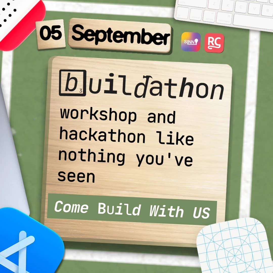 Buildathon workshop and hackathon event artwork with SINN and RevenueCat logos.
