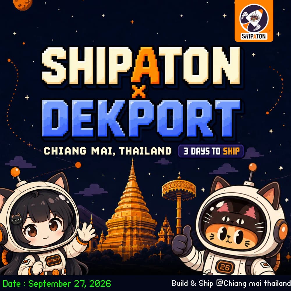 DekPort × Shipaton 3 Days to Ship event artwork featuring astronaut characters and a Chiang Mai temple.