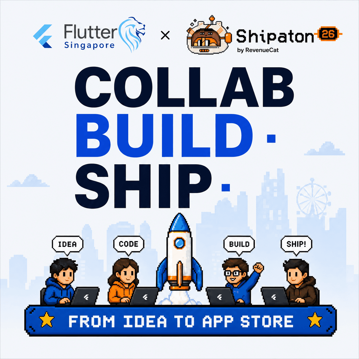 Flutter Singapore and Shipaton 2026 collaboration meetup artwork featuring pixel-art builders and a rocket.