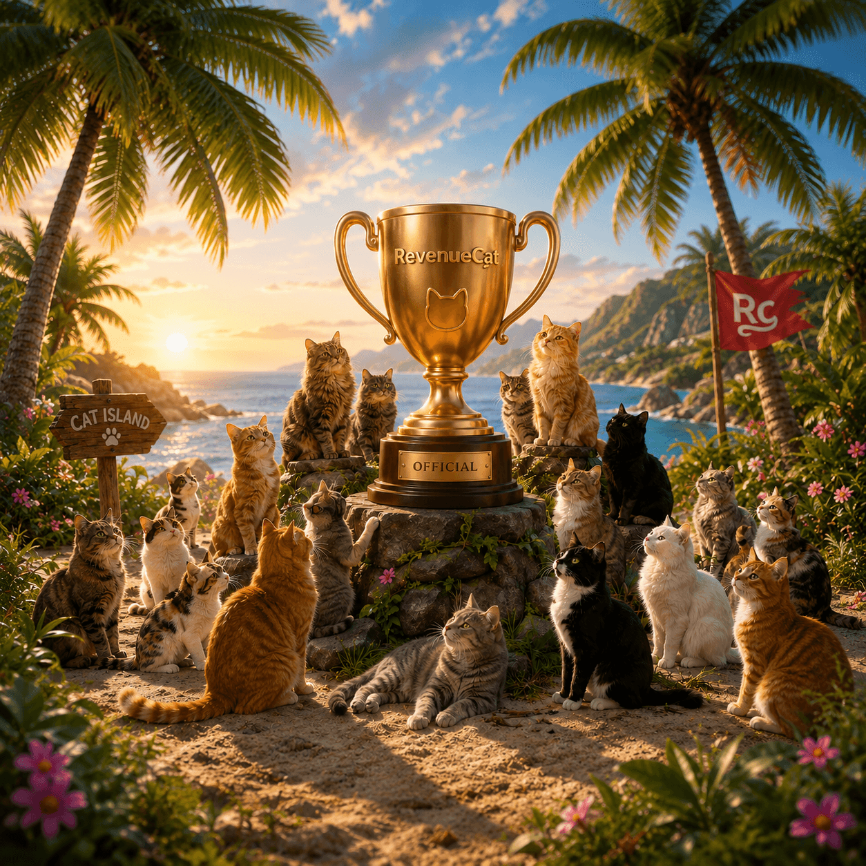 RevenueCat trophy surrounded by cats on a tropical island.