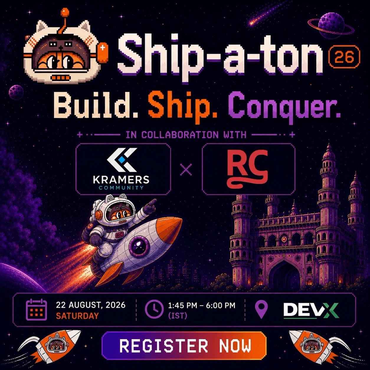 Shipaton 2026 Hyderabad artwork featuring RevenueCat and Kramer's Community.