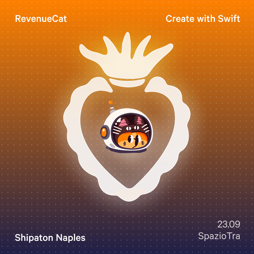 Shipaton Naples event artwork featuring an astronaut cat on an orange and purple background.