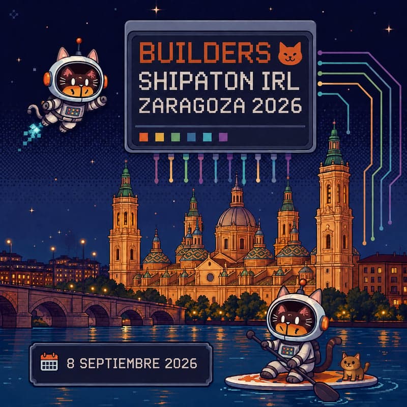 Shipaton Zaragoza 2026 event artwork with pixel-art astronaut cats and the Basílica del Pilar.