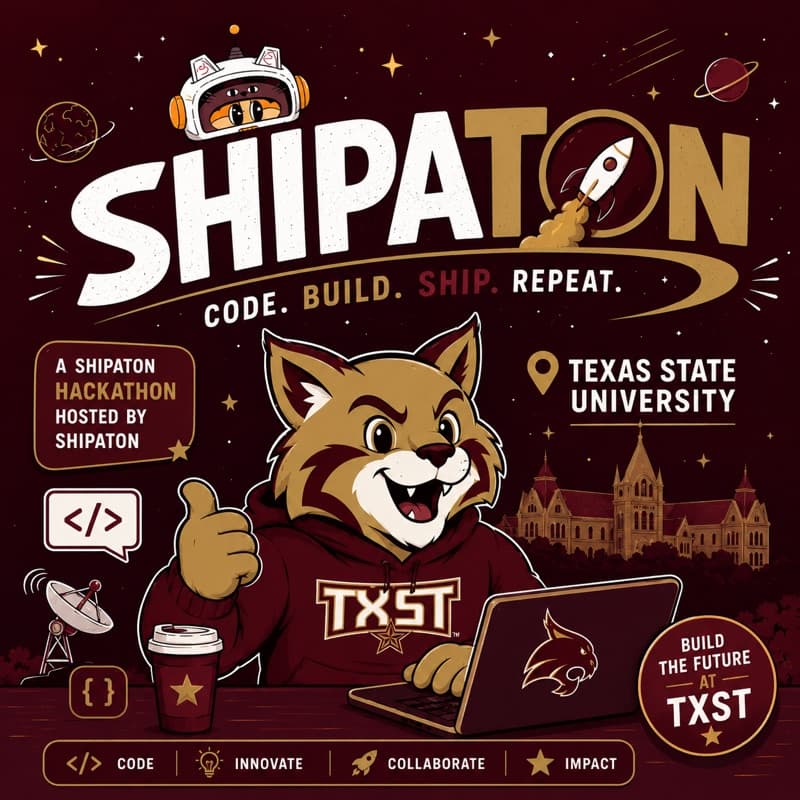 TXST x Shipaton Hackathon event artwork featuring the Texas State University bobcat mascot.