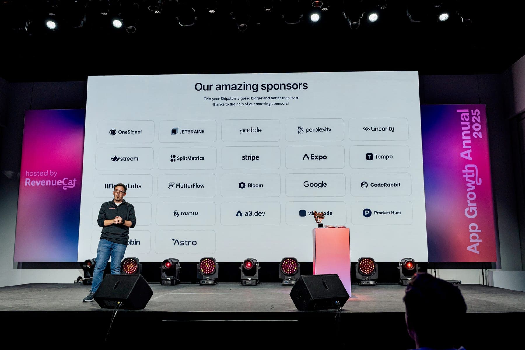 Shipaton sponsor logos displayed on stage at RevenueCat's App Growth Annual 2025.